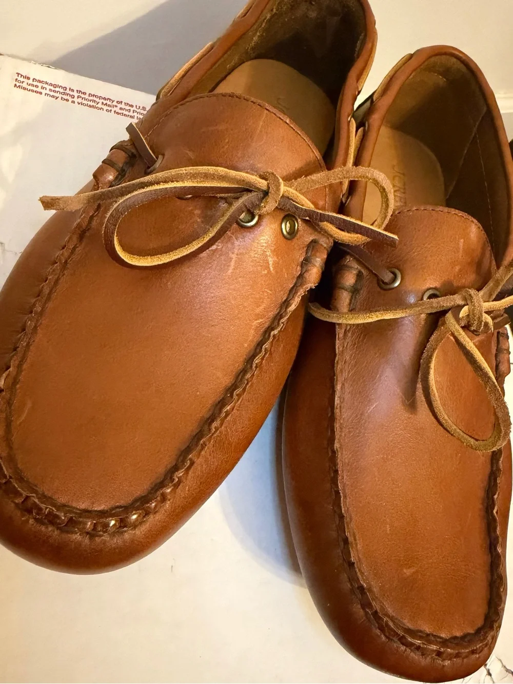 J. CREW Men’s Lace-Up Leather Driving Moccasin Shoes in Brown Tan Sz. 10 FLAW